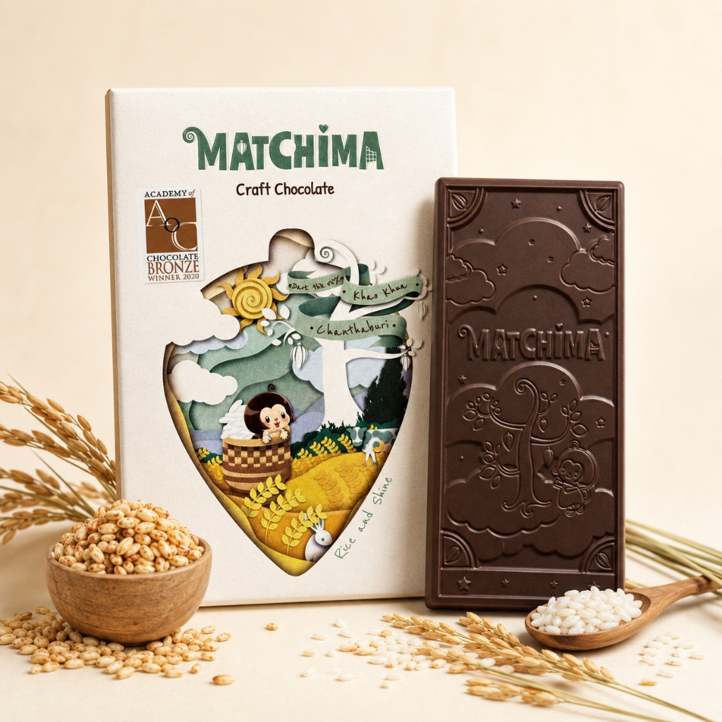 Matchima Rice and Shine Dark Milk Chocolate 55% จากจันทบุรี ใส่ข้าวคั่ว ส่งประกวดได้รับรางวัล Bronze