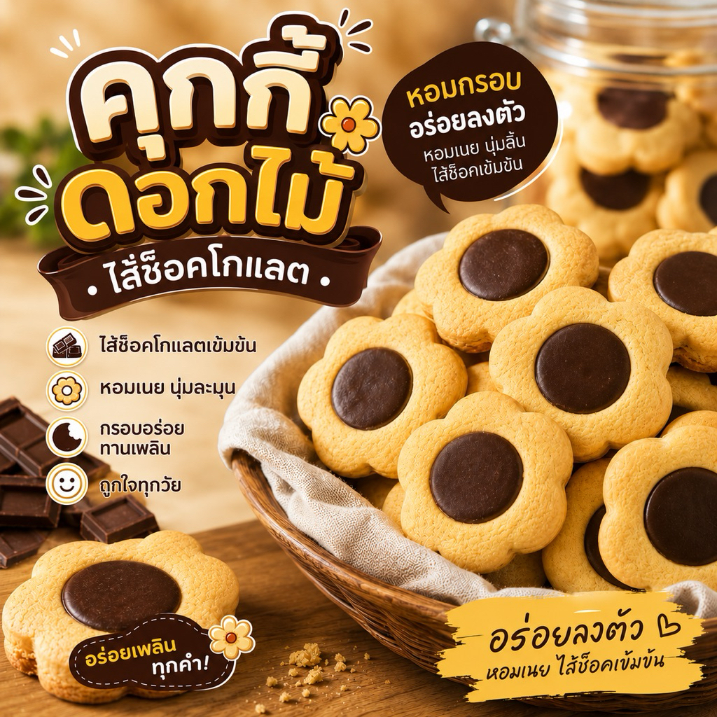คุกกี้ดอกไม้ สอดไส้ช็อคโกแลต🍫กรอบ อร่อย น้ำหนัก500g🌸