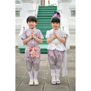 ชุดไทยเด็ก ม่วงมณี คู่ชายหญิง ผ้าไหมเทียม ชุดไทยประยุกต์เด็ก ใส่งานบุญ งานแต่ง วันลอยกระทง