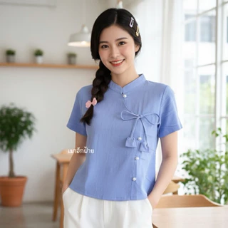 เสื้อผ้าฝ้ายสีฟ้า ใส่ทำงาน ใส่เที่ยว เนื้อผ้าดี ใส่สบาย ไม่ร้อน