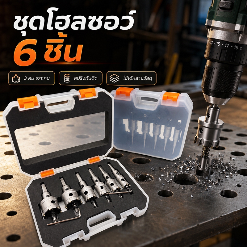 ชุดดอกโฮลซอคาร์ไบด์ 6ชิ้น มีขนาด 16มม.20มม.22มม.25มม.30มม.32มม. แข็งแรง ทนนาน