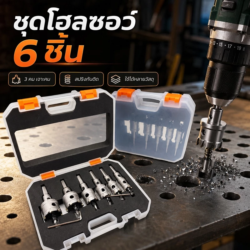 ชุดดอกโฮลซอคาร์ไบด์ 6ชิ้น มีขนาด 16มม.20มม.22มม.25มม.30มม.32มม. แข็งแรง ทนนาน