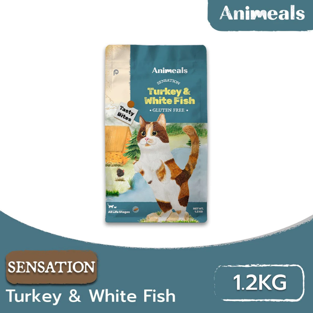 Animeals Sensation อาหารแมว 1.2kg สูตรกินง่าย หอมอร่อย สำหรับแมวเลือกกิน เบื่ออาหาร ไก่งวงและปลาเนื้อขาว กลูเตนฟรี