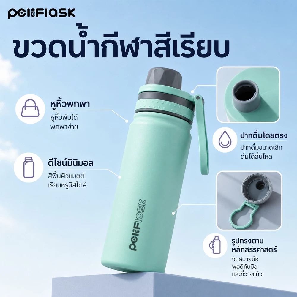 Peliflask กระติกน้ําเก็บอุณหภูมิ18oz/ 22oz/ 32oz  พร้อมหูหิ้ว แก้วเก็บความร้อน/เย็น สแตนเลส304 thumbnail 9