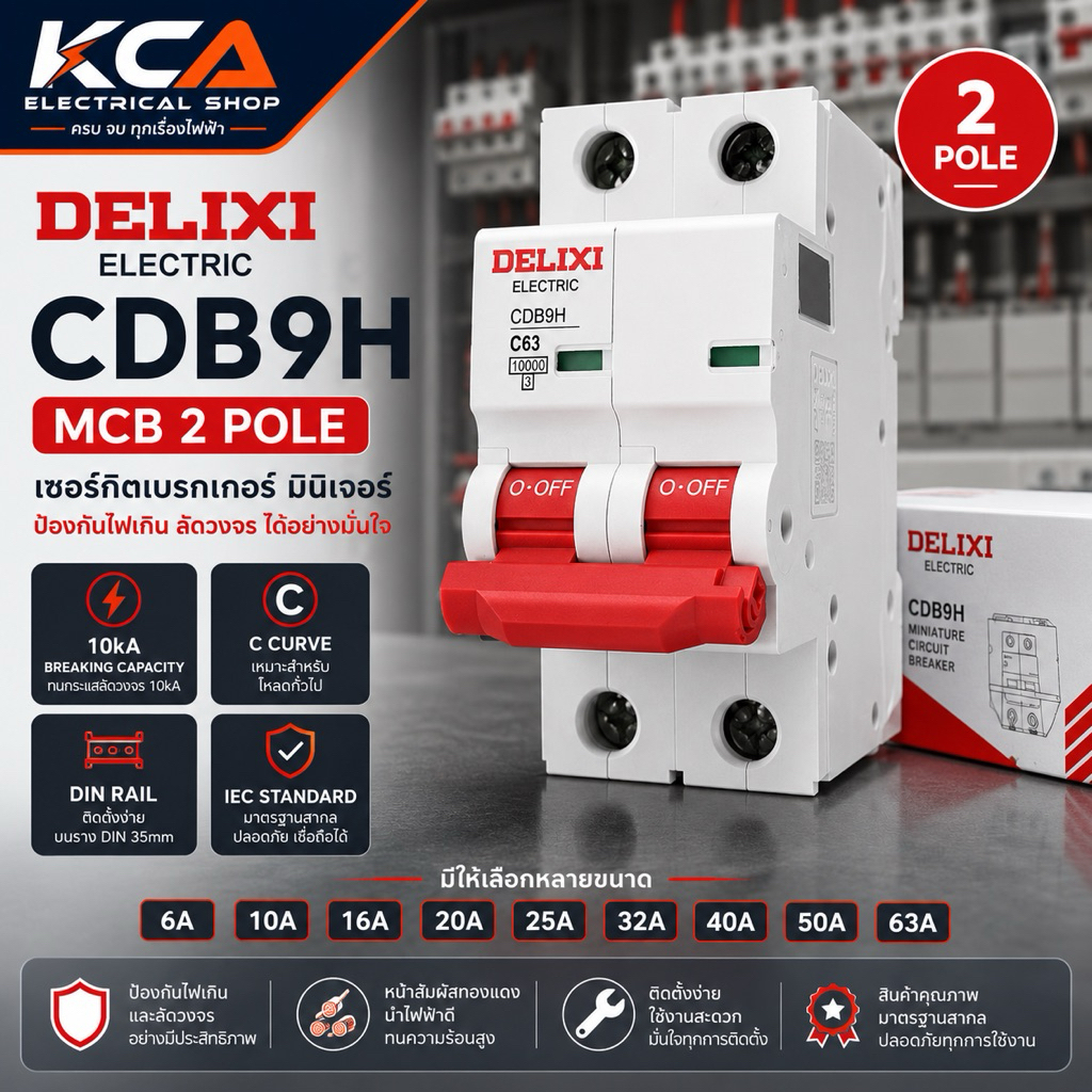 DELIXI CDB9H MCB 2P เซอร์กิตเบรกเกอร์ 2 Pole 10kA รุ่น CDB9H 63A