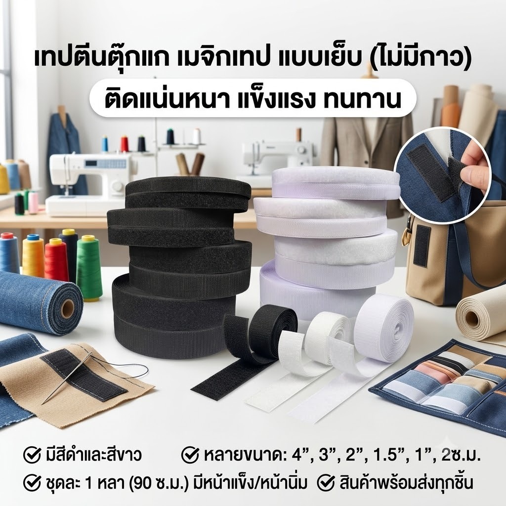 เทปตีนตุ๊กแก หนามเตย เมจิกเทป สีดำ สีขาว (ตัดแบ่งขายคู่ละ1หลา/90ซ.ม. มีหน้าแข็งหน้านิ่ม) แบบเย็บติดเอง ไม่มีกาวในตัว