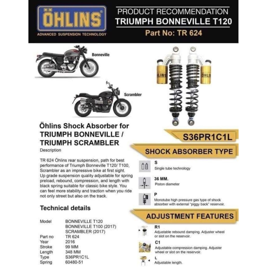 โช๊คหลัง OHLINS TR624 สำหรับ TRIUMPH BONNEVILLE T100/T120/STREET SCRAMBLER  ปี 2016 ขึ้นไป