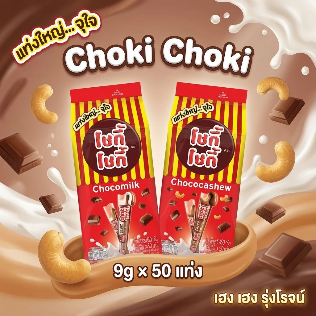 [แพ็ค 50แท่ง] โชกี้ โชกี้ ช็อกโกแลตผสมมะม่วงหิมพานต์ 450g