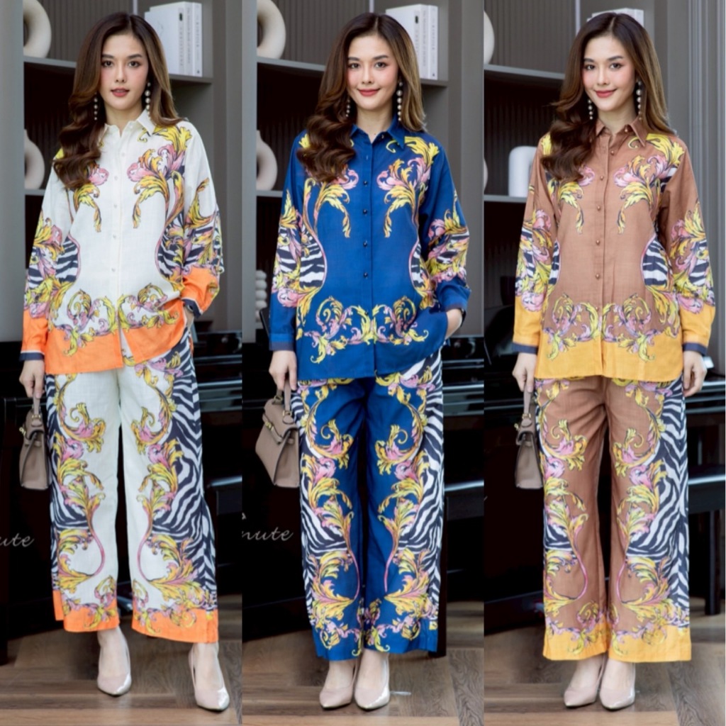 (อก44) 14885 Cutie Minute ชุดเซ็ทเสื้อ+กางเกงลินินแท้ มาพร้อมลวดลายสวย พิมพ์คมชัด โดดเด่นด้วยกระดุมมุก