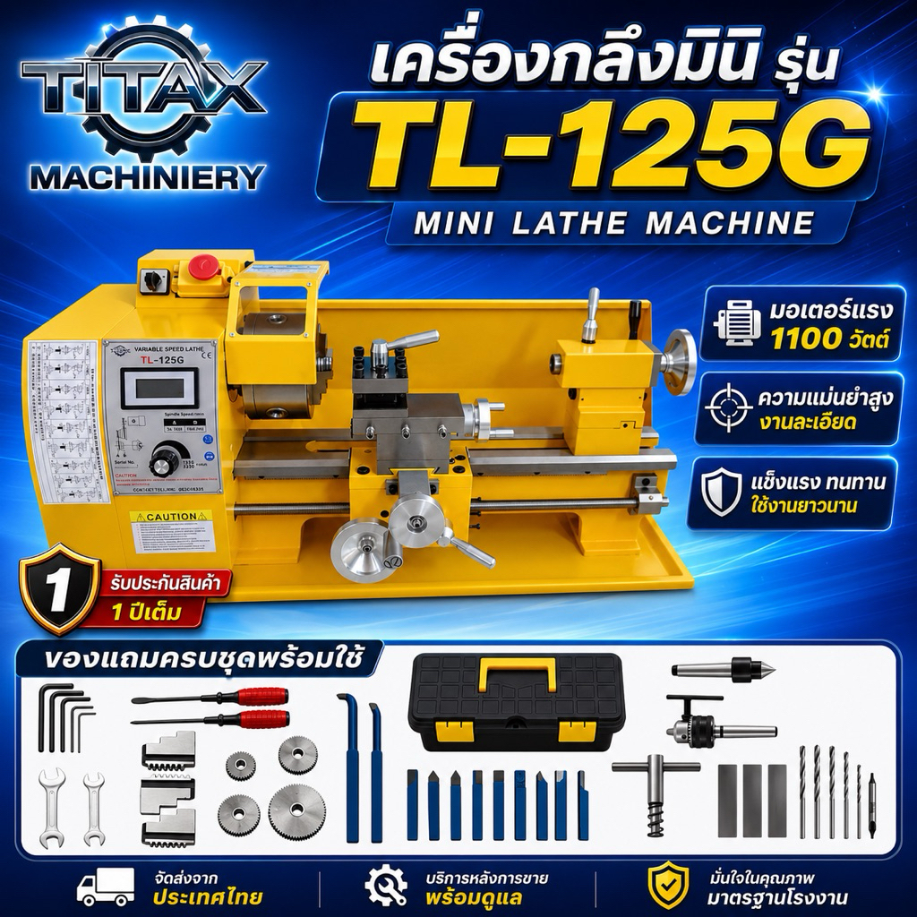 เครื่องกลึงมินิ Titax รุ่น TL-125G มอเตอร์ 1100W หัวจับ 5 นิ้ว สำหรับงานกลึงโลหะ งาน DIY และงานซ่อมบำรุง