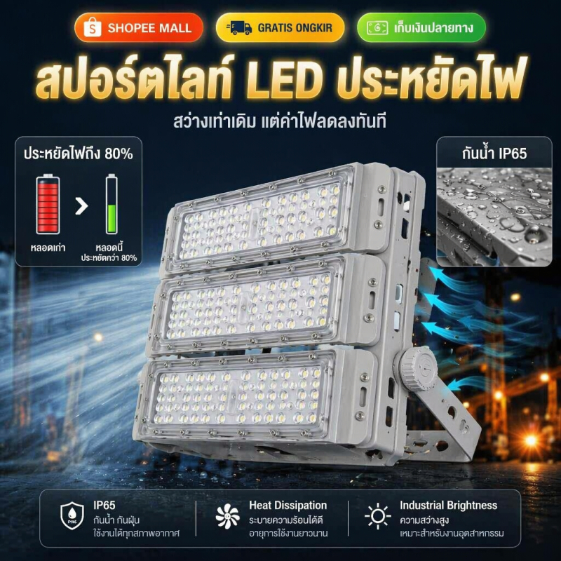 ไฟสปอตไลท์ LED กันน้ำเกรด IP66 กำลังไฟให้เลือก 100W–600W ความสว่างสูง ประหยัดพลังงานได้มาก ระบายความร้อนดี เหมาะติดตั้งส