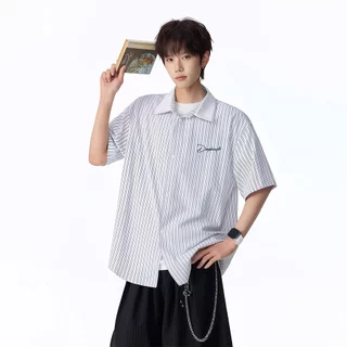 💥BecoolMan💥สไตล์อเมริกัน ปลอมสองชิ้น เสื้อเชิ้ต ฤดูร้อน แขนสั้น รุ่นคู่รัก หลวมสบาย ลายเส้นสีตัดกัน สไตล์นักศึกษา