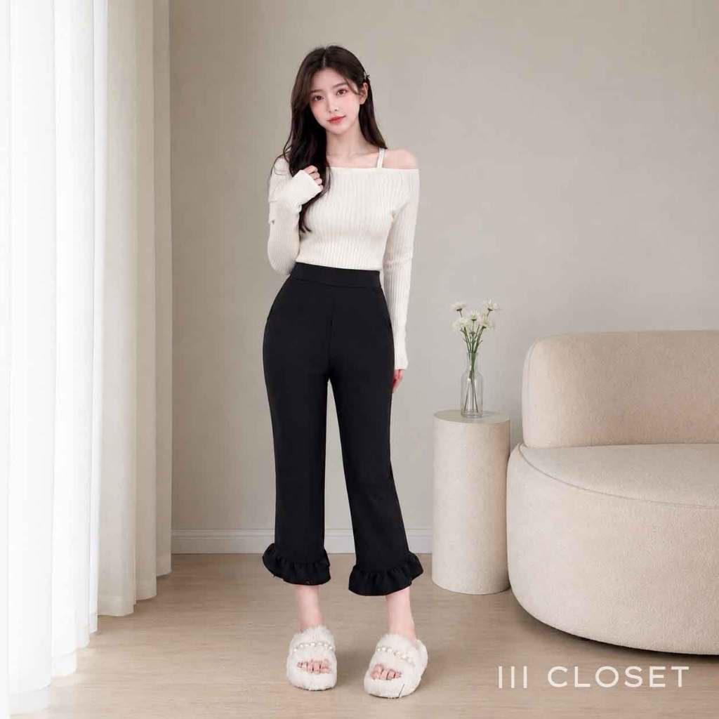 กางเกงขายาว 6 ส่วน lll Freesize lll PW601 เอวยาวยืด มีขอบเอว ปลายขาระบาย เนื้อผ้าวูลเวฟ ผ้ายืดนิ่ม ทิ้งตัวสวย ใส่สบาย