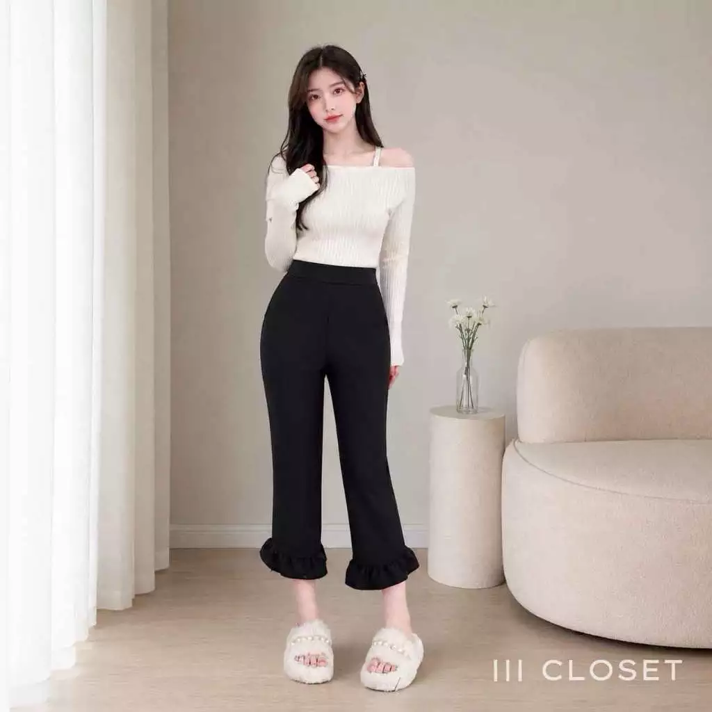 กางเกงขายาว 6 ส่วน lll Freesize lll PW601 เอวยาวยืด มีขอบเอว ปลายขาระบาย เนื้อผ้าวูลเวฟ ผ้ายืดนิ่ม ทิ้งตัวสวย ใส่สบาย