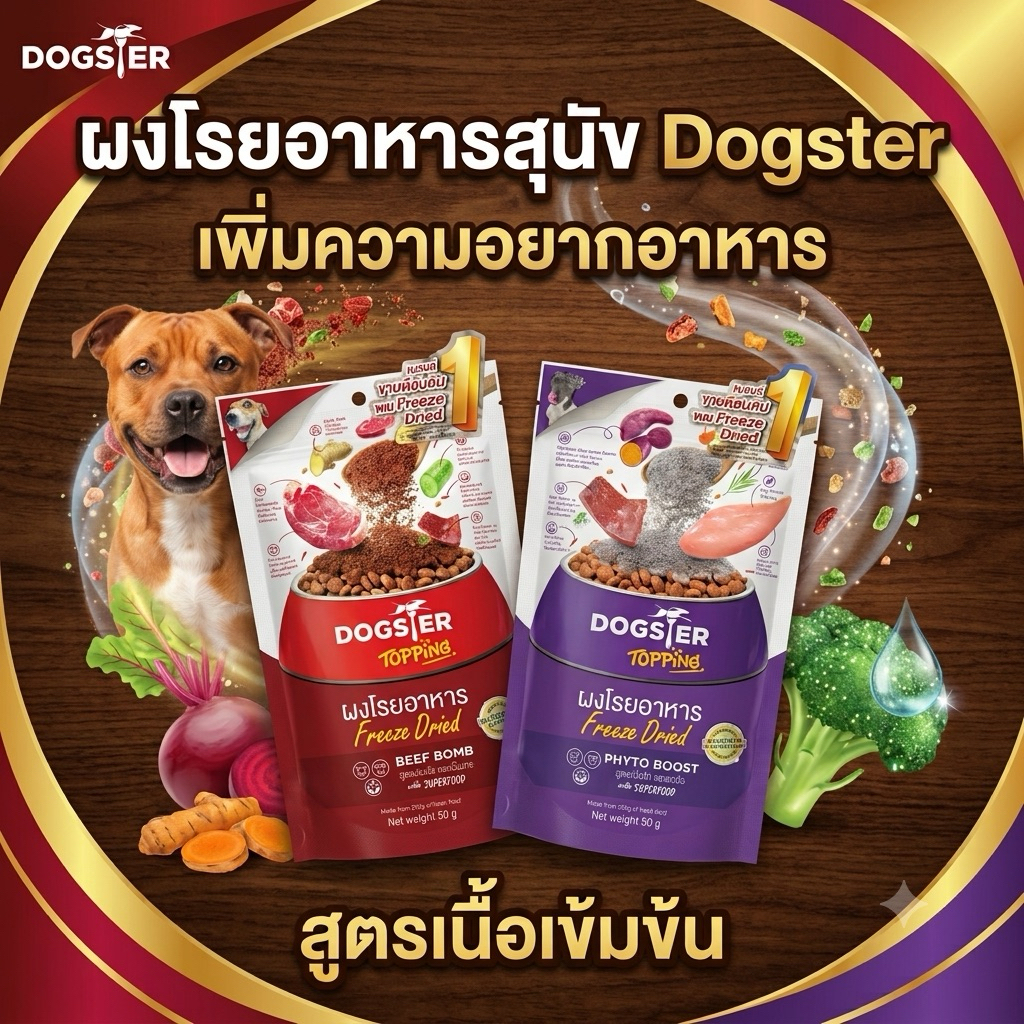 ผงโรยอาหารสุนัข Dogster ฟรีซดรายแท้ เพิ่มความอยากอาหาร แก้หมาเบื่ออาหาร บำรุงสุขภาพ 50 กรัม