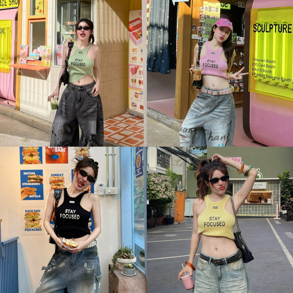 TN STYLE (🔥พร้อมจัดส่ง 24 ชม🔥) เสื้อกร้ามไหมพรมเเขนเว้า สุดฮิต งานเก๋ สาวเกาหลี สกีนตัวหนังสือ