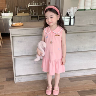 PRINCESS KESLI สไตล์เกาหลี ชุดเดรสเด็กผู้หญิง งานปักลายการ์ตูนน่ารัก ปกคอระบาย แขนกุด ชุดเจ้าหญิงเด็กผู้หญิง 2-12ปี