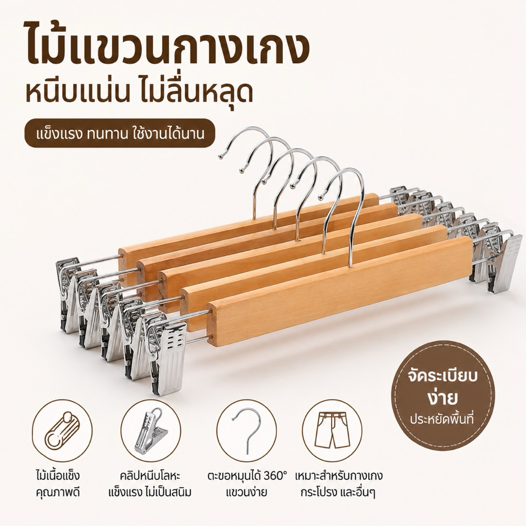 ไม้แขวนไม้  มีหนีบเหล็ก ไม้แขวนกระโปง ขนาด32cm ไม้แขวนกางเกง