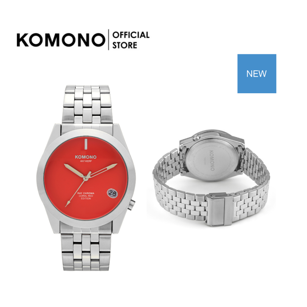 KOMONO Watch Ray Chroma Estate Silver Coral นาฬิกาผู้ชาย บอกวันที่ สายโลหะ หน้าปัดสีแดง วัสดุคุณภาพ