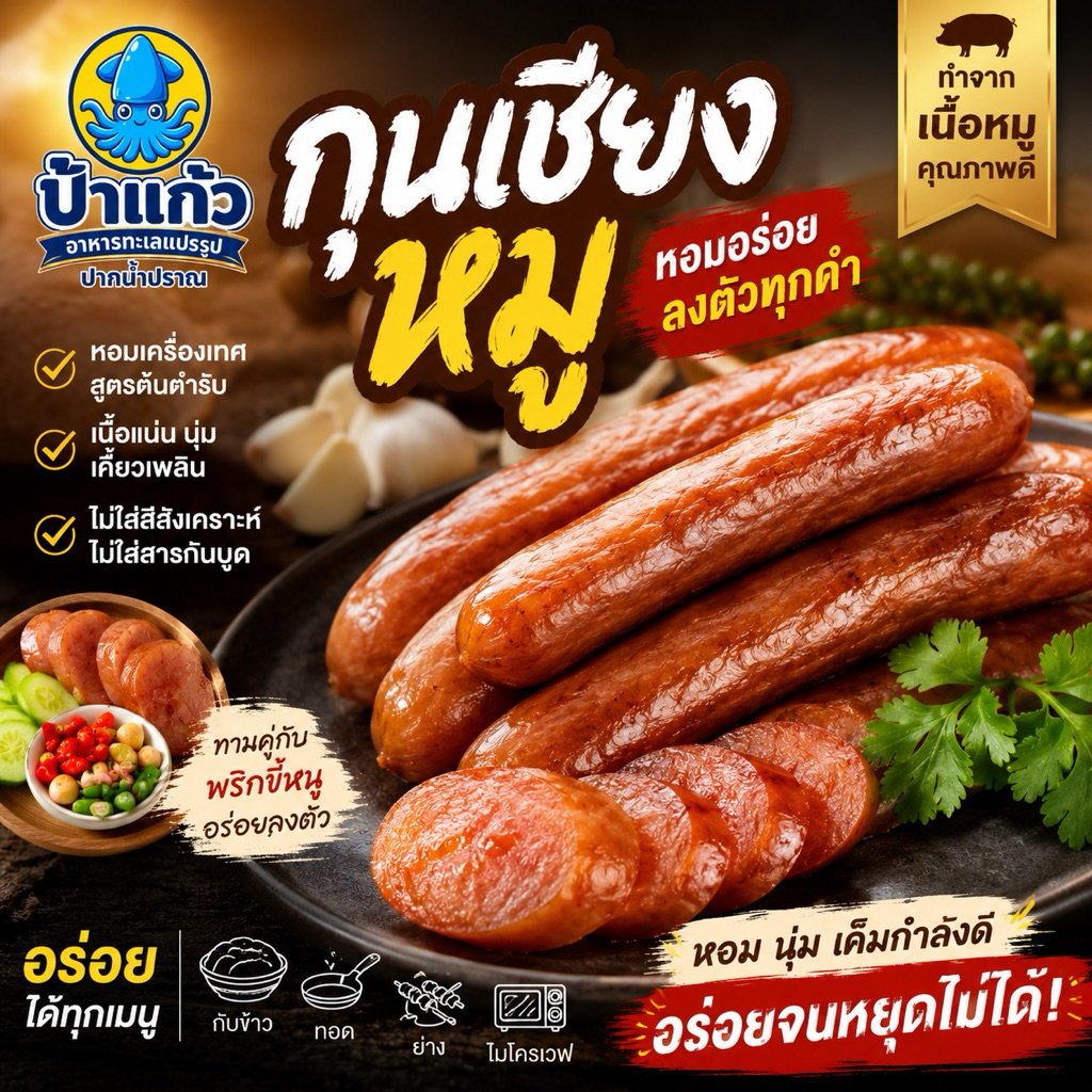 กุนเชียงหมูเชือกแดงสูตรเยาวราช มี 2 แบบ (เล็ก/ใหญ่) ครึ่งกิโลกรัม อบใหม่ เนื้อเยอะมันน้อ