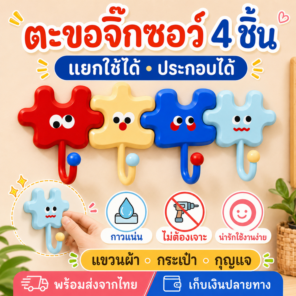 ตะขอจิ๊กซอว์ติดผนัง 4 ชิ้น กาวแน่นไม่ต้องเจาะ แขวนผ้า กระเป๋า กุญแจ กันน้ำ พร้อมส่งไทย