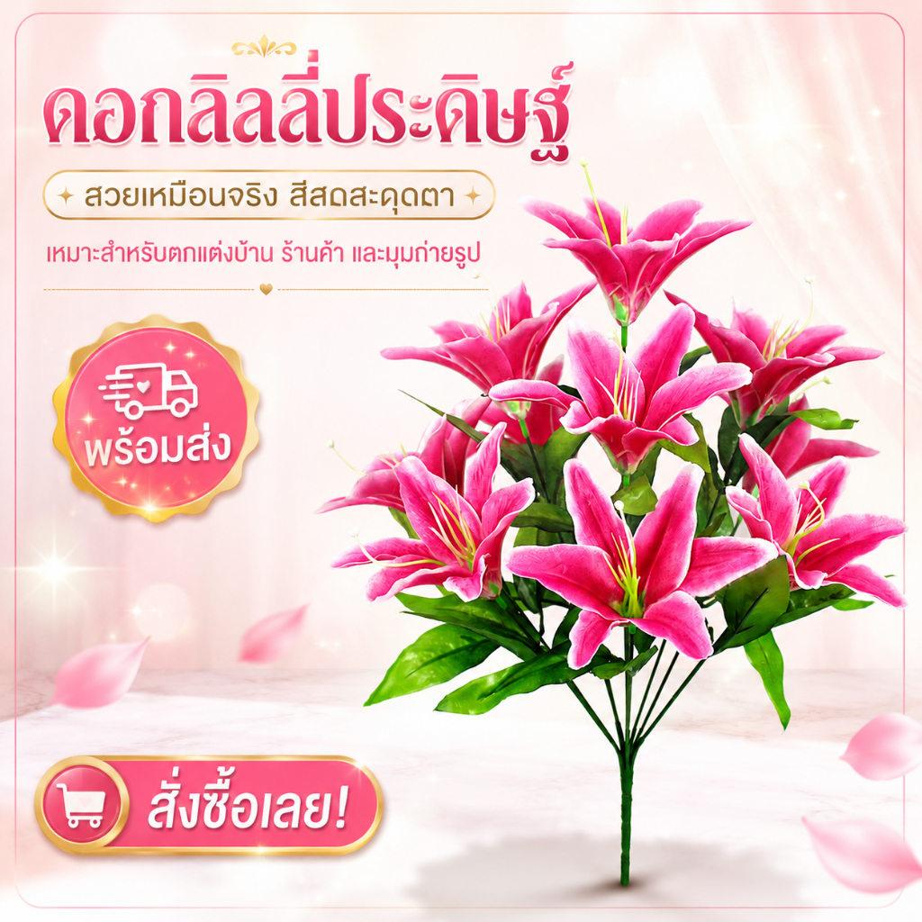 ช่อดอกไม้ประดิษฐ์ ดอกลิลลี่ 10 ดอก สูง 45 ซม. ดอกไม้ปลอมตกแต่งบ้าน ร้านค้า มุมถ่ายรูป