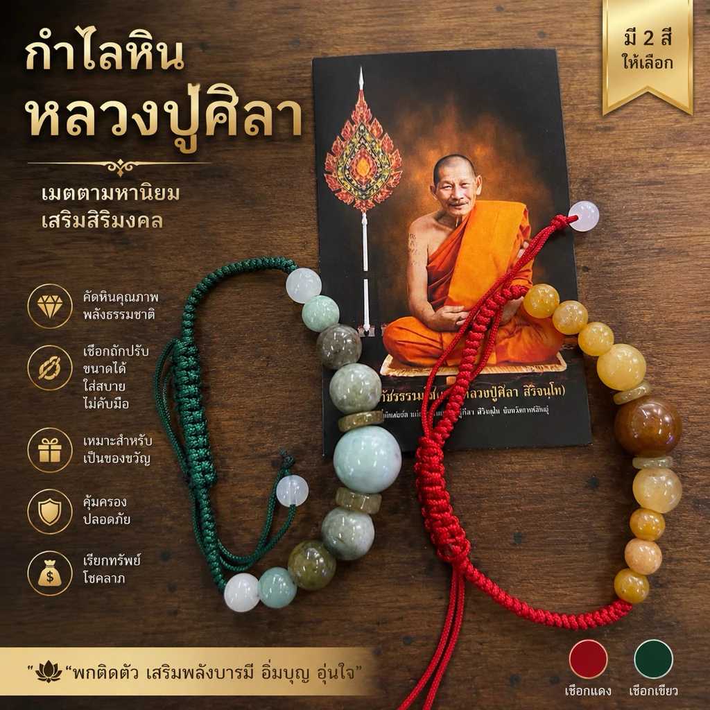 กำไลหินหยก หลวงปู่ ศิลา ปรับขนาดได้ พร้อมคาถา