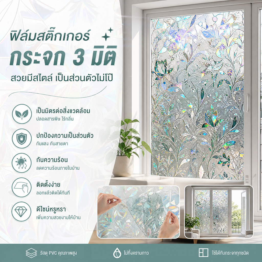 GT ฟิล์มติดกระจก ฟิล์มสุญญากาศ สติ๊กเกอร์ติดกระจก กันแสง ฟิล์มติดกระจกสุญญากาศ ขนาด 60/90*200cm