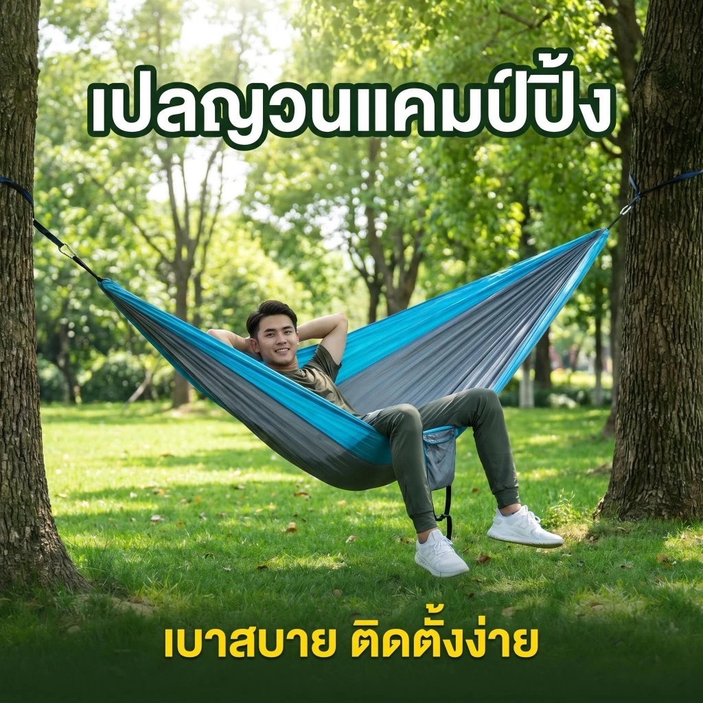 เตียงแขวนกลางแจ้งสำหรับ 1 คน ผ้าไนลอน เปลญวน สำหรับตั้งแคมป์และใช้งานกลางแจ้ง เปลญวนพักผ่อน พื้นที่นั่งสบาย เตียงพักผ่อน