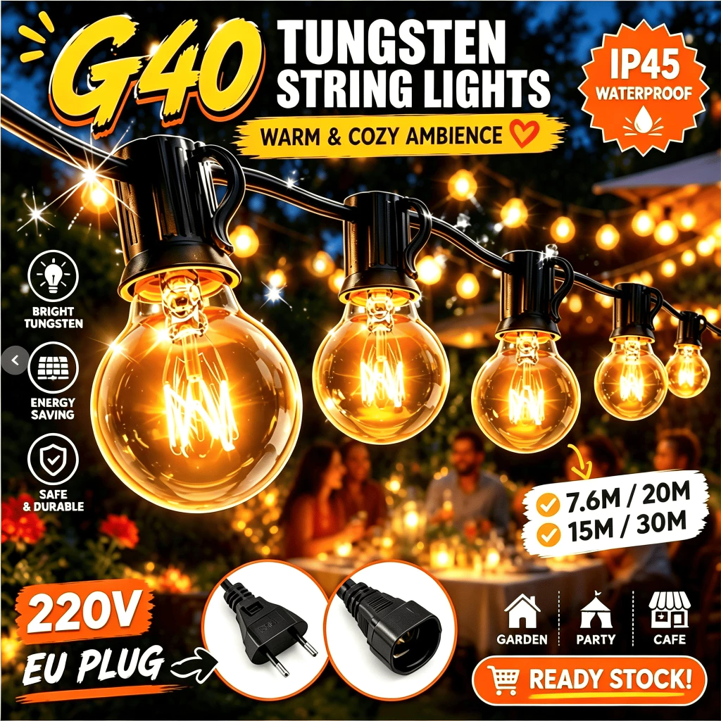 Qimedo ไฟแต่งสวนG40 ไฟวินเทจLED ไฟปิงปอง ไฟประดับ กันน้ำ เสียบไฟบ้าน ต่อพ่วงได้หลายชุด สวน-ระเบียง-ปาร์ตี้-คริสต์มาส