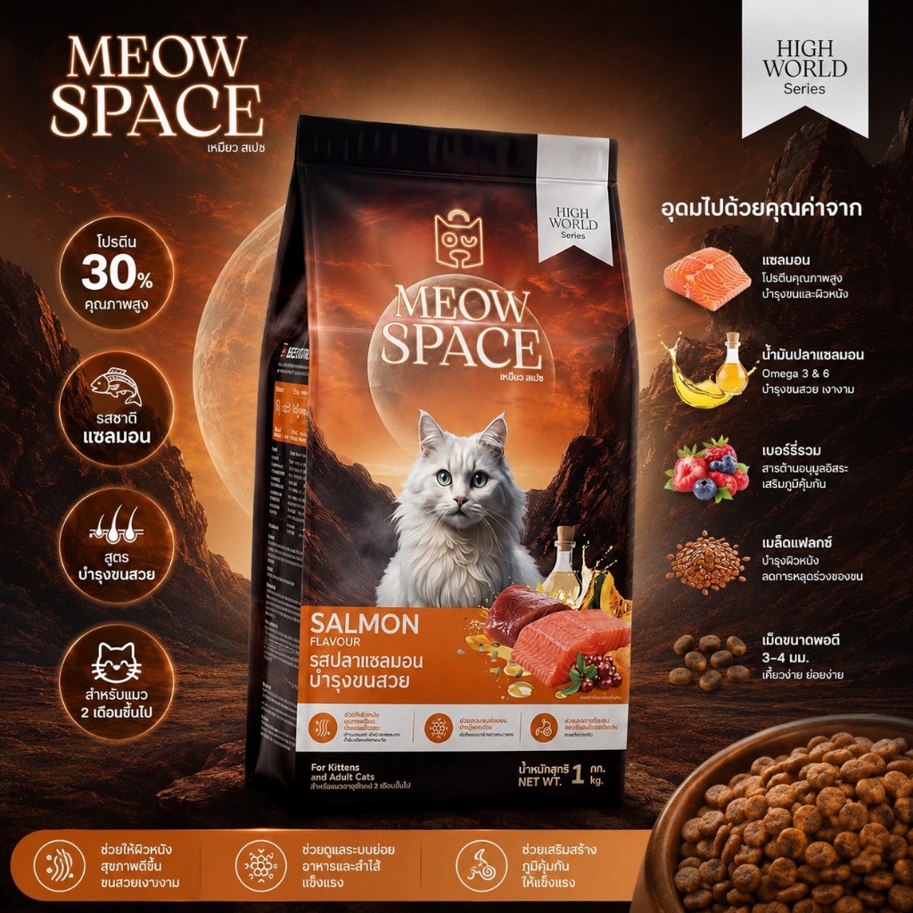 MEOW SPACE อาหารเม็ดแมวอายุ 2 เดือนขึ้นไป รสปลาแซลมอน สูตรบำรุงขนสวย 1 กิ โล โปรตีนสูง 30 % เม็ดเล็กเคี้ยวง่าย