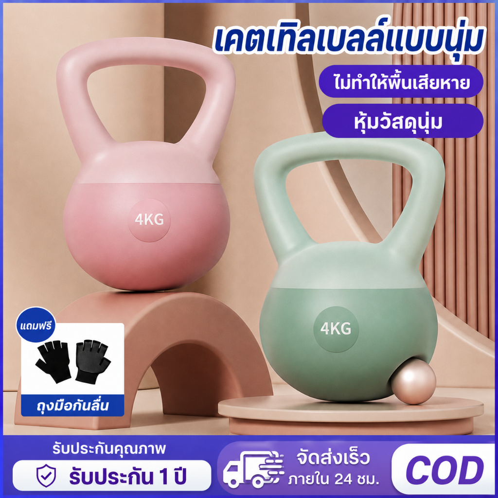 เคตเทิลเบล 4/6/8 กก. PVC นุ่ม จับถนัดมือ พร้อม Kettlebell ดัมเบลลูกตุ้ม สำหรับออกกำลังกายที่บ้าน ยกน้ำหนัก ฟิตเนส