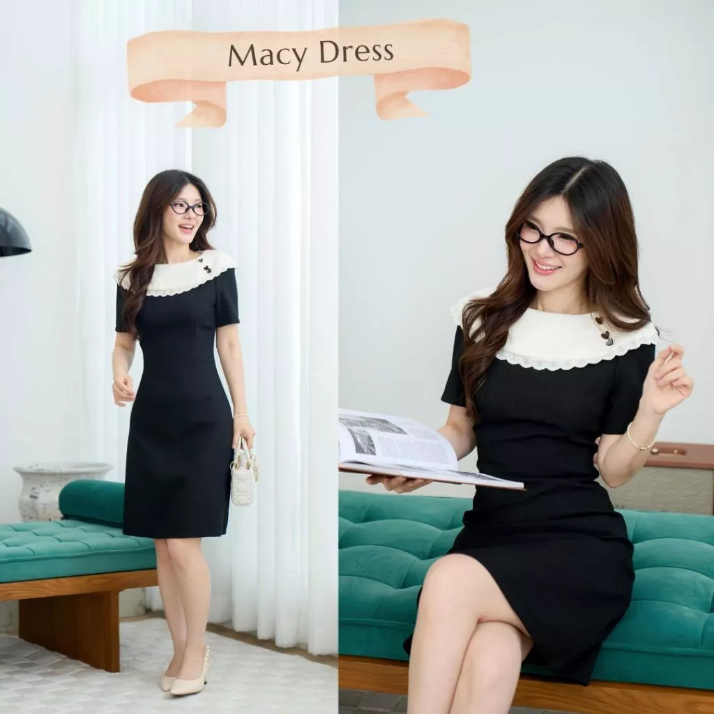 "Romi"Oil" Macy Dress (Black) K413 ชุดเดรสสีดำ(คอปกบัวแต่งกระดุมหัวใจ)