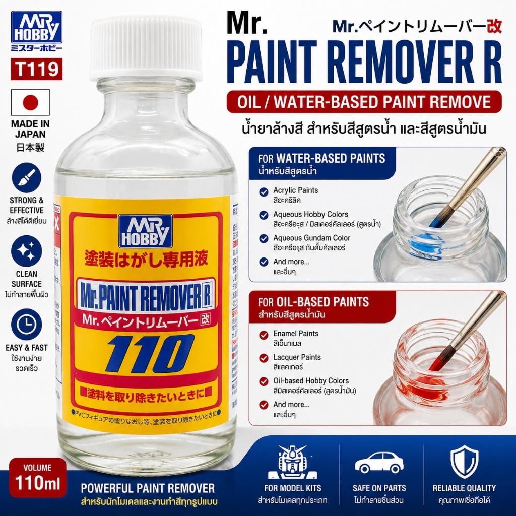 Mr Hobby T119 Mr Paint Remover R 110ml น้ำยาล้างสีโมเดล สำหรับ Oil & Water-based Paint Remove Lacquer, Acrylic paint