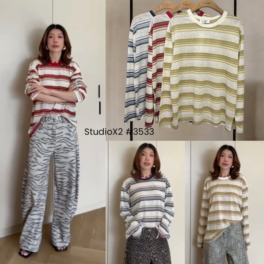 🟣3533 STUDIOX2 STEIPED LONGSLEEVES T- SHIRT เสื้อยืดผู้หญิง แขนยาวลายทาง คอกลม ทรงหลวมชายปล่อย เนื้อเบาใส่สบาย