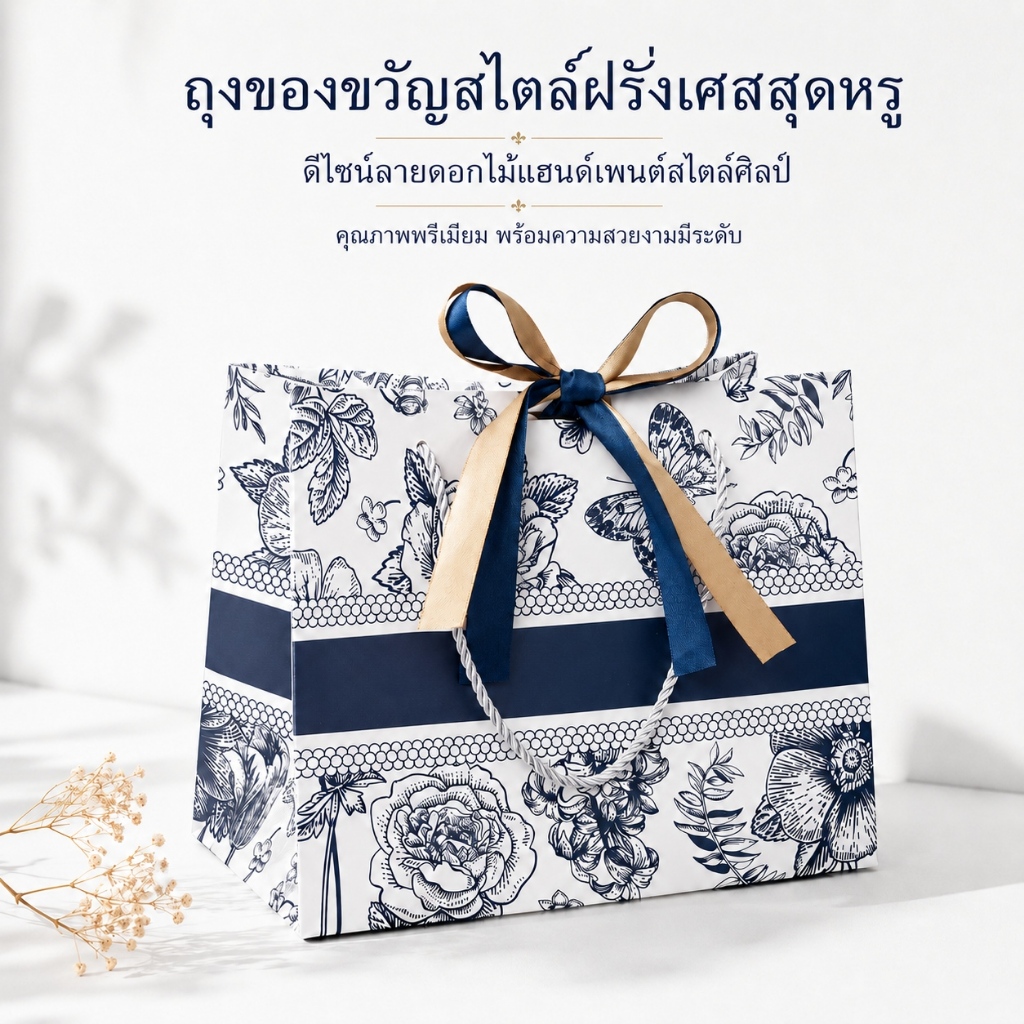 ถุงกระดาษของขวัญลายดอกไม้สีน้ำเงิน พรีเมียม หูหิ้วเชือก แถมริบบิ้นน้ำเงินทอง 4ขนาด หนาแข็งแรง งานแต่ง ของชำร่วย