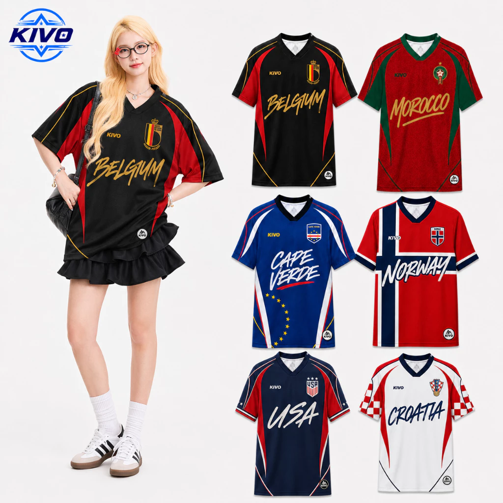 KIVO เสื้อบอลโอเวอร์ไซส์ ลายธงทีมชาติ เสื้อกีฬาแฟชั่นผู้หญิงผู้ชาย ใส่เชียร์บอล ใส่เที่ยว ผ้านิ่มระบายอากาศ