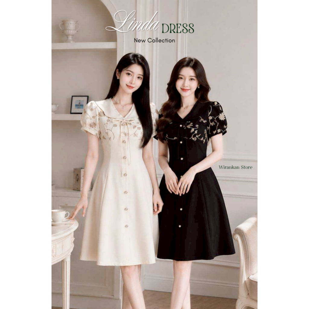 ชุดเดรส Wirankan รหัส WG44 Linda-ลินดา สีครีม สีดำ กระโปรงฟรีไซส์ ไม่มีกระเป๋า