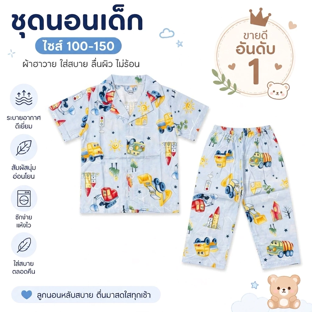 ชุดนอนเด็กคอปก ชุดนอนเด็กชาย เด็กหญิง ผ้าฮาวาย แขนสั้นขา 5 ส่วน มีกระดุมหน้า เนื้อผ้านุ่มใส่สบาย สีสันสดใส ไซส์ 100-120 thumbnail 9