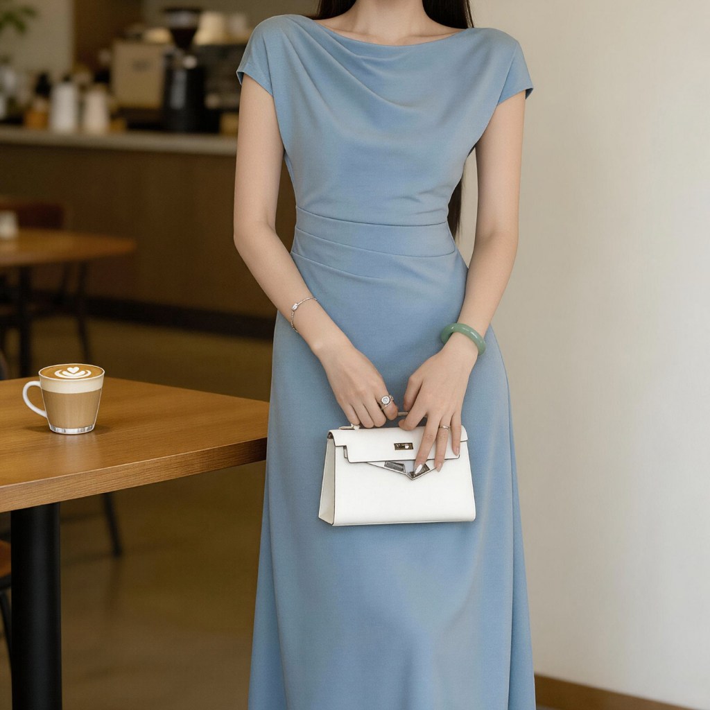 blue dress เดรสยาว จับจีบ เข้ารูป ทรงเอวสูง ดูแพง สไตล์เกาหลี ผ้าโพลีเอสเตอร์ ใส่ทำงาน ออกเดท เดรสวันแม่