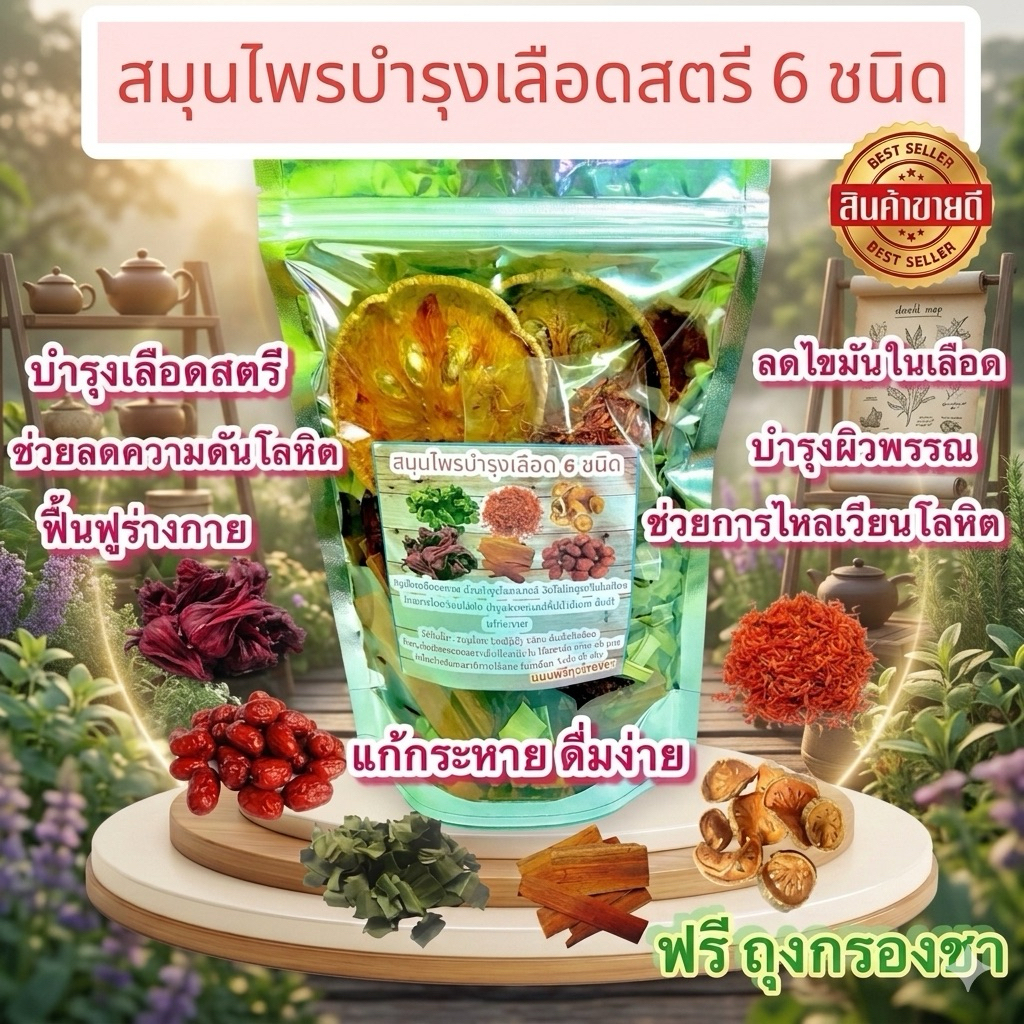 สมุนไพรบำรุงเลือด 6ชนิด ร้านเรือนฮัก ช่วยบำรุงโลหิต ช่วยลดการอุดตันในเส้นเลือด  บำรุงผิวพรรณ ขนาด 120กรัม ฟรีถุงชา 1ชิ้น