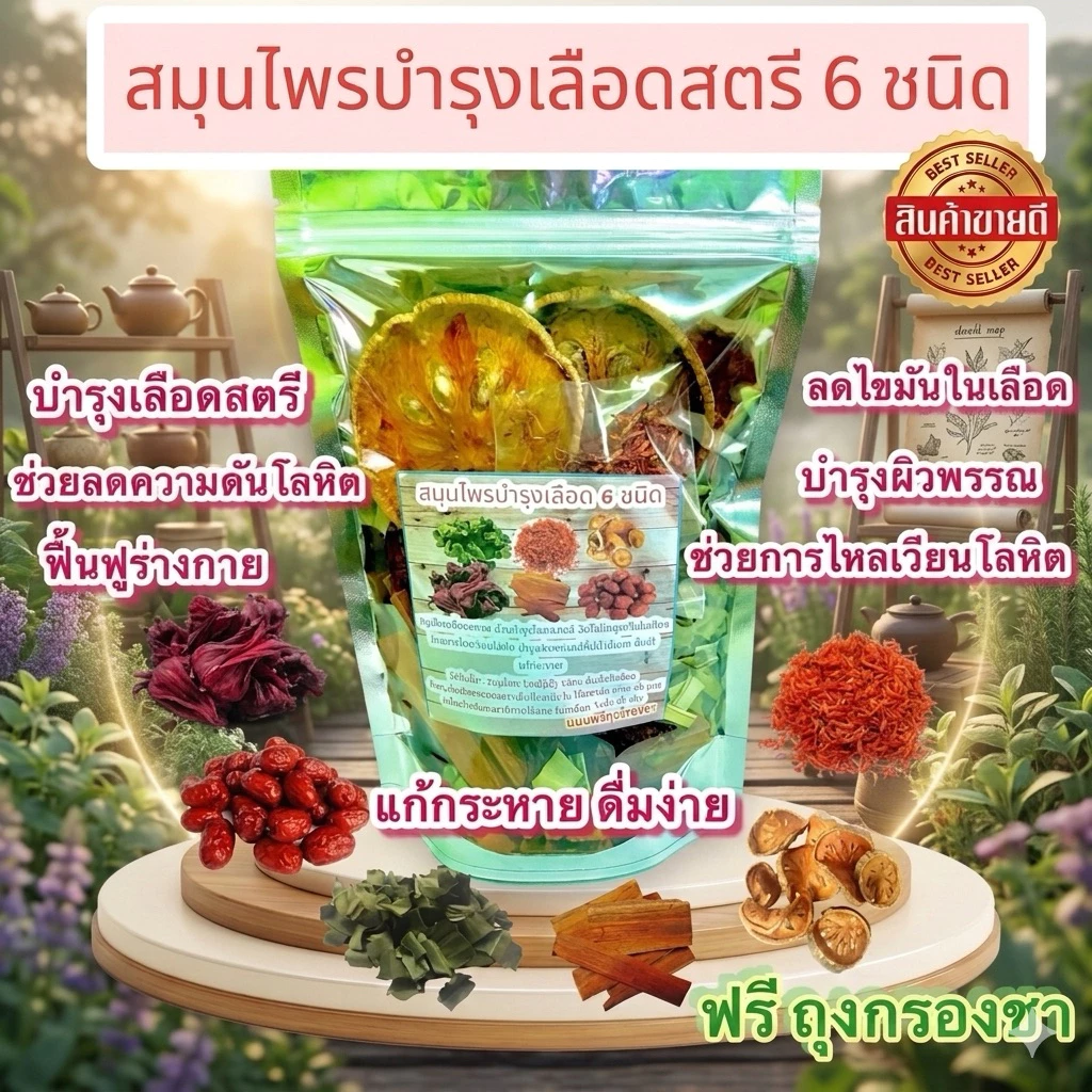 สมุนไพรบำรุงเลือด 6ชนิด ร้านเรือนฮัก ช่วยบำรุงโลหิต ช่วยลดการอุดตันในเส้นเลือด บำรุงผิวพรรณ ขนาด 120กรัม ฟรีถุงชา 1ชิ้น