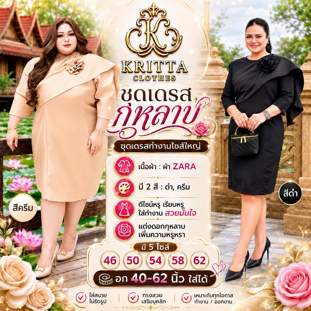 ชุดเดรสกุหลาบ ชุดเดรสทำงานไซส์ใหญ่ ชุดเดรสสไบไซส์ใหญ่ อก 40-62 นิ้ว ดีไซน์หรูหรา ใส่สบาย ดูมีระดับ