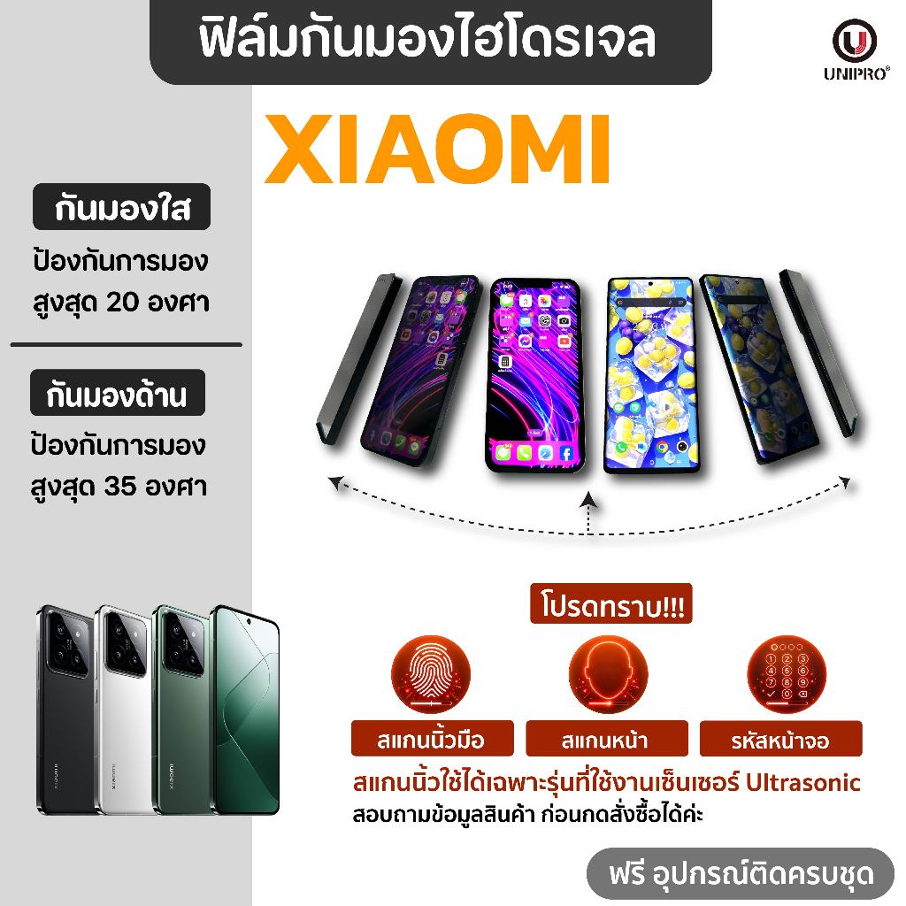 UniPro ฟิล์มใสไฮโดรเจลกันมอง (XIAOMI) รุ่น 11 11T 12 12T 13 13T 14 14T 15 Pro Ultra Lite NE 5G
