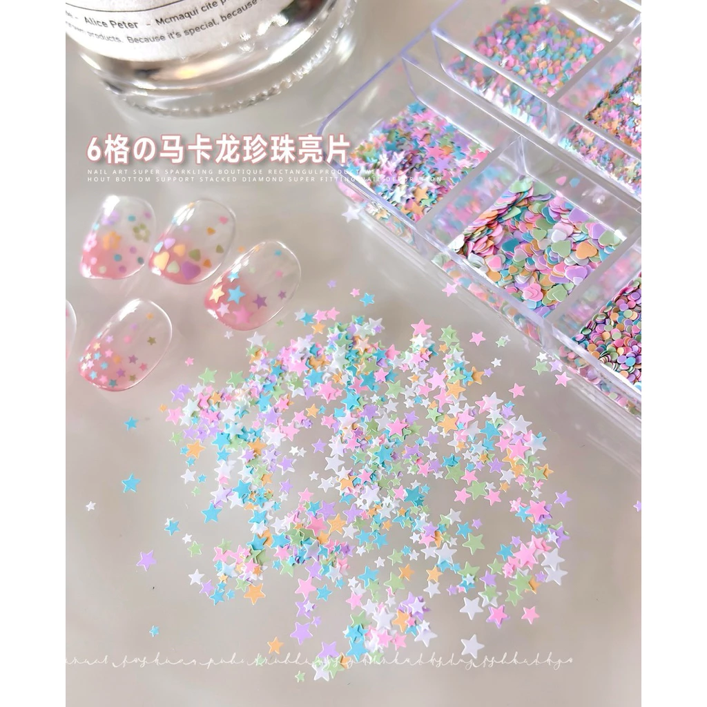 กลิตเตอร์กล่อง 6ช่อง เครื่องประดับเล็บลายดอกดาวห้าเหลี่ยม