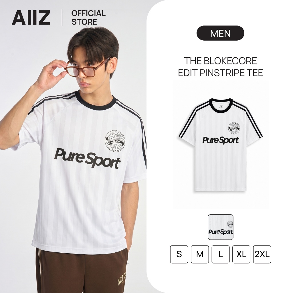 AIIZ (เอ ทู แซด) - AIIZ เสื้อยืดคอกลมแขนสั้นผู้ชายทอลายทาง AIIZ Men's The Blokecore Edit Pinstripe Tee