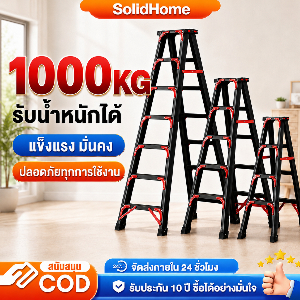 บันไดพับได้ ทรง A ใช้งานสองด้าน บันไดอลูมิเนียมอัลลอยด์ สูง 1.2-2.1M รับน้ำหนัก 1000KG แข็งแรง มั่นคง