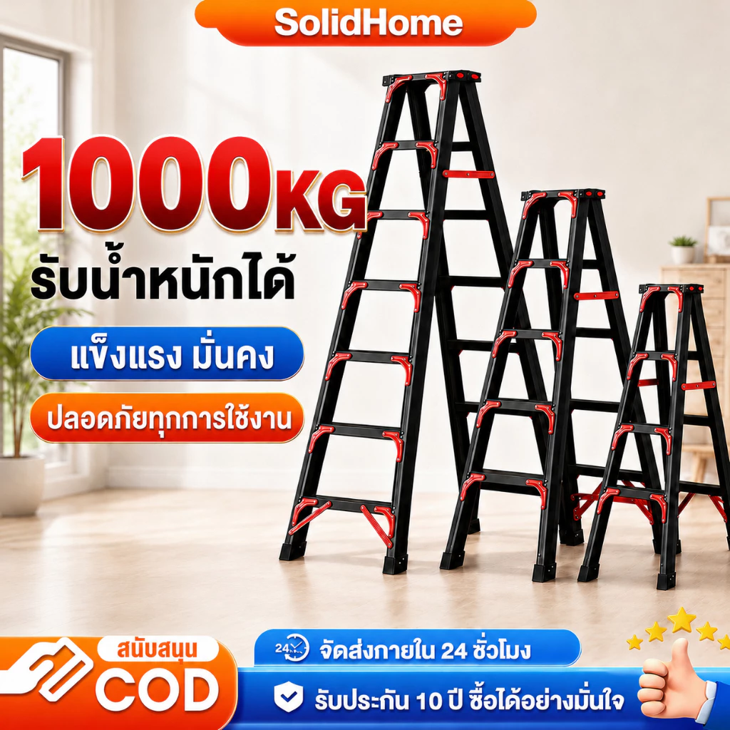 บันไดพับได้ ทรง A ใช้งานสองด้าน บันไดอลูมิเนียมอัลลอยด์ สูง 1.2-2.1M รับน้ำหนัก 1000KG แข็งแรง มั่นคง