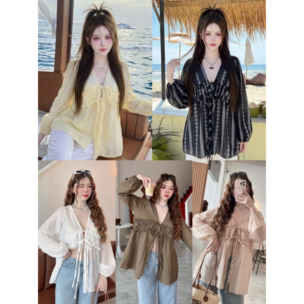 WINNIE : เสื้อแขนยาวตัวยาว เสื้อคอวีแขนยาวแต่งจับอก แต่งผูกโบว์หน้าสีขาว สาวอวบใส่ได้ Sheeny (S022)
