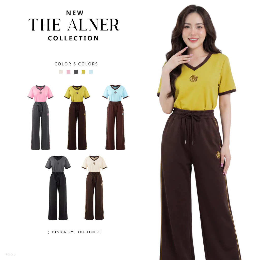 Thealner-AN555 เซตเสื้อคอวีปักดอกคามิเลียกางเกงขายาว